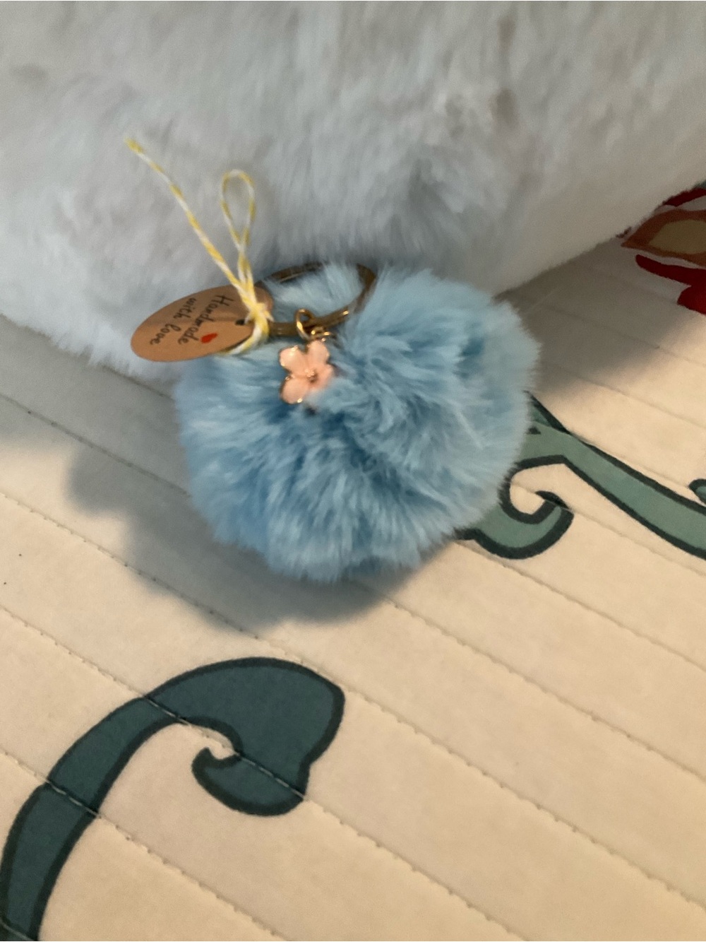 Soft Blue Pom Keychain with Flower Charm- NWT Handmade